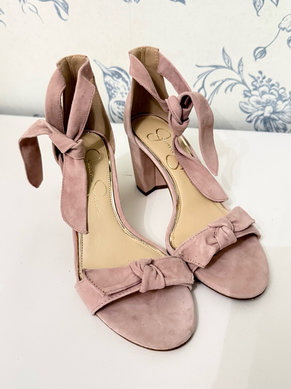 Jessica Simpson Blush Pink Suede Knot Block Heel Sandals